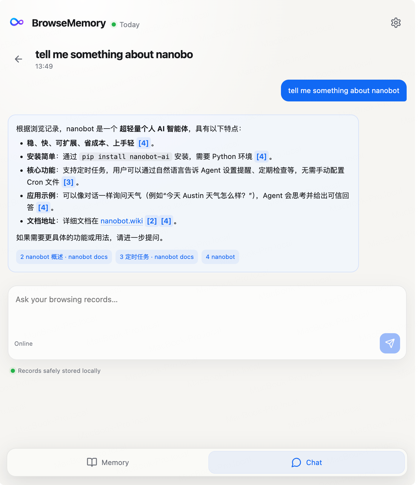 BrowseMemory AI chat answer with source citations