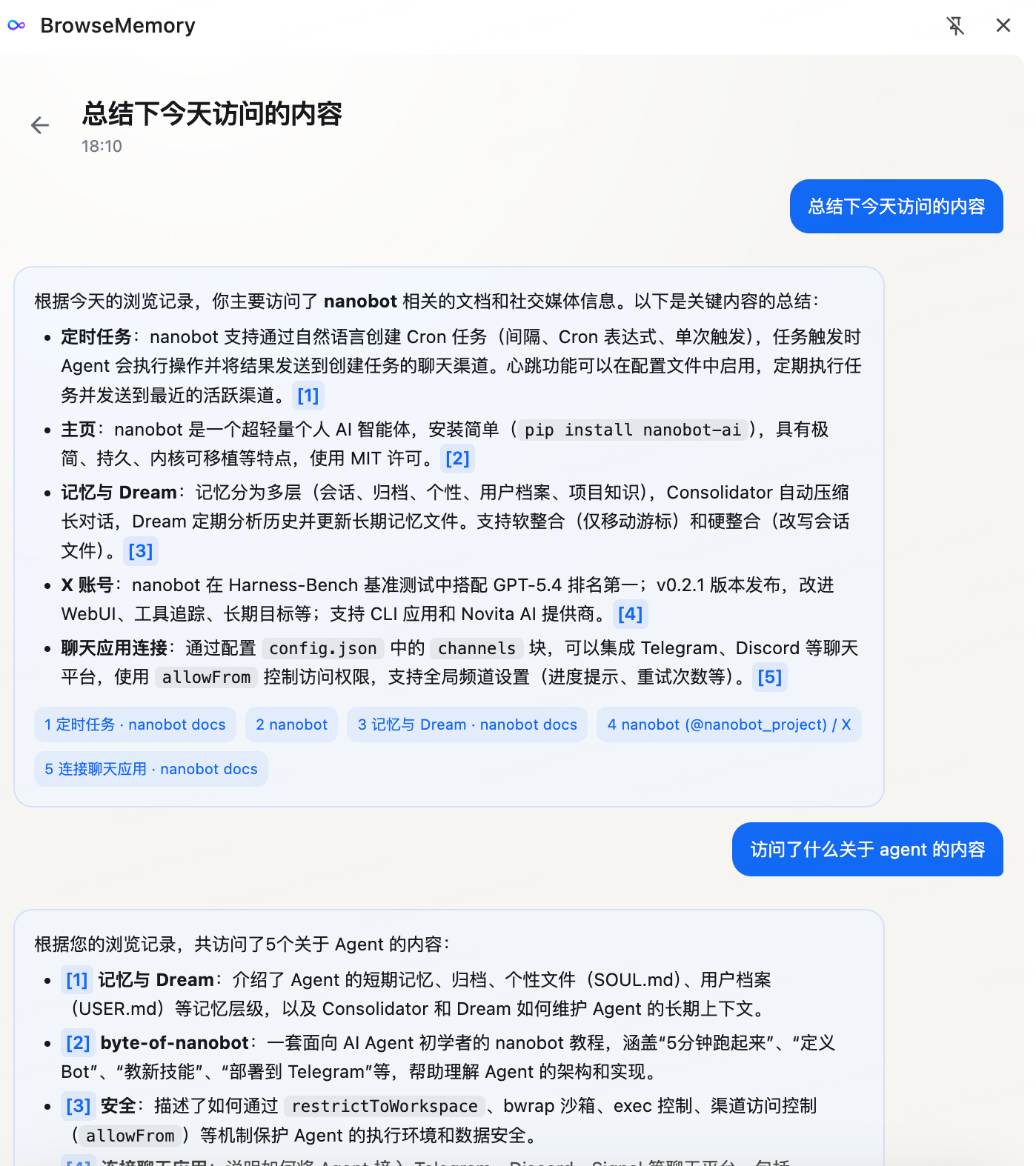 BrowseMemory conversation with detailed sourced answers