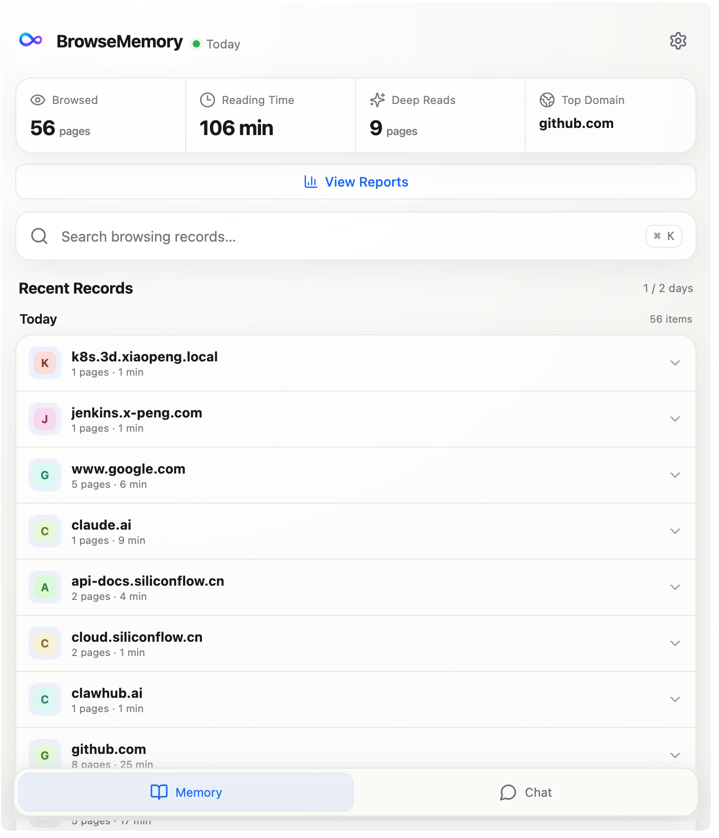 BrowseMemory side panel showing reading statistics, AI answers, and saved pages