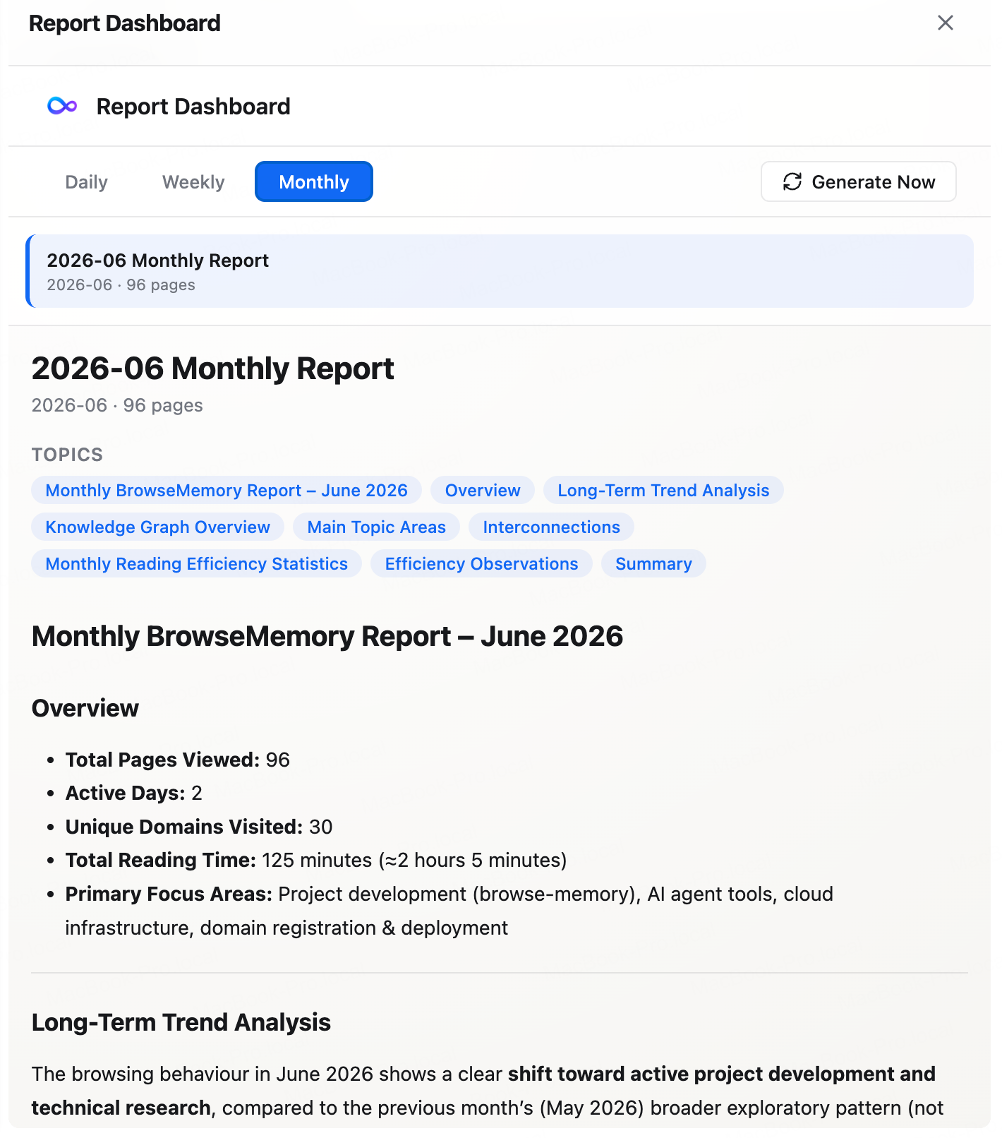 BrowseMemory monthly report dashboard
