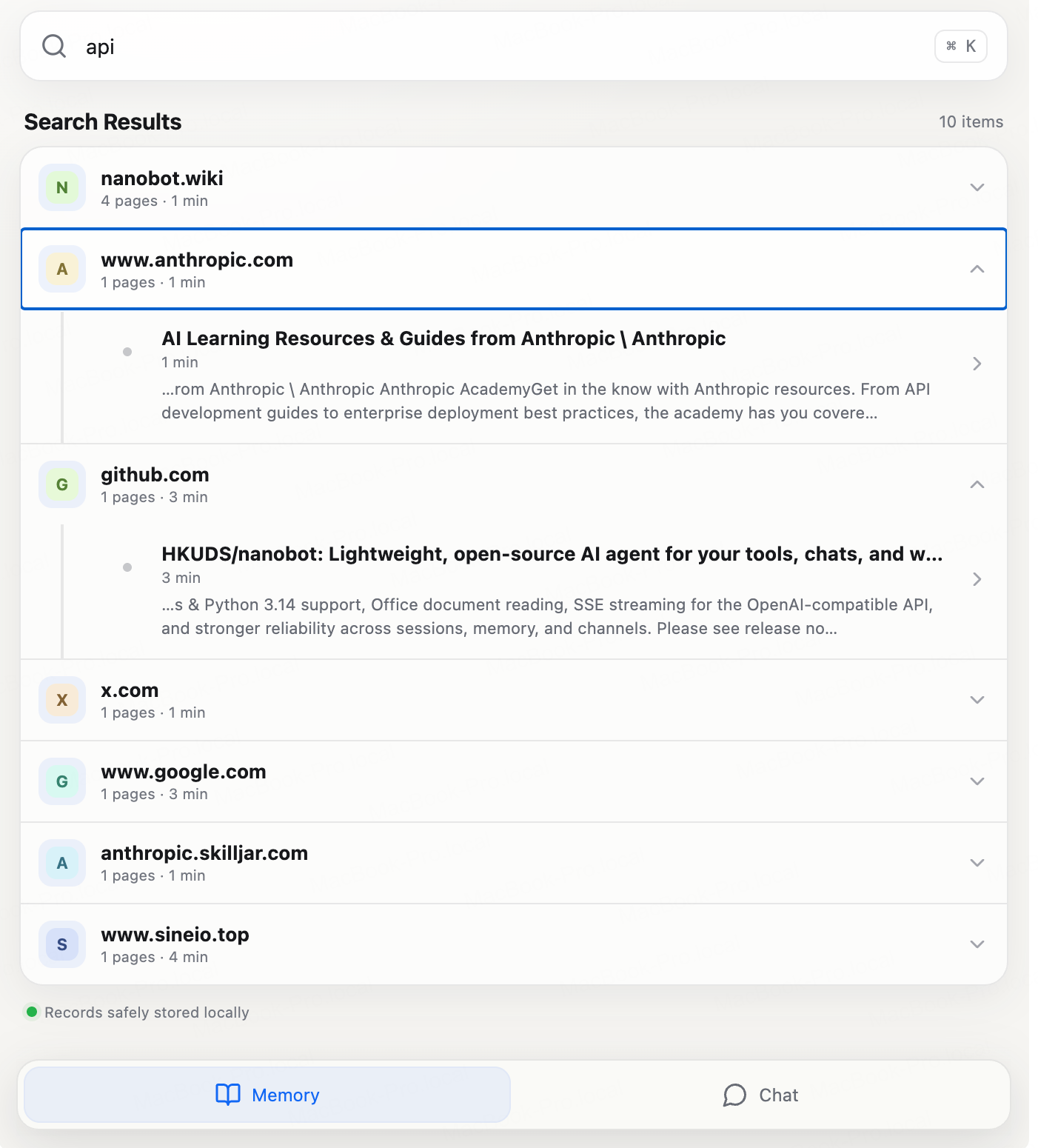 BrowseMemory offline search results