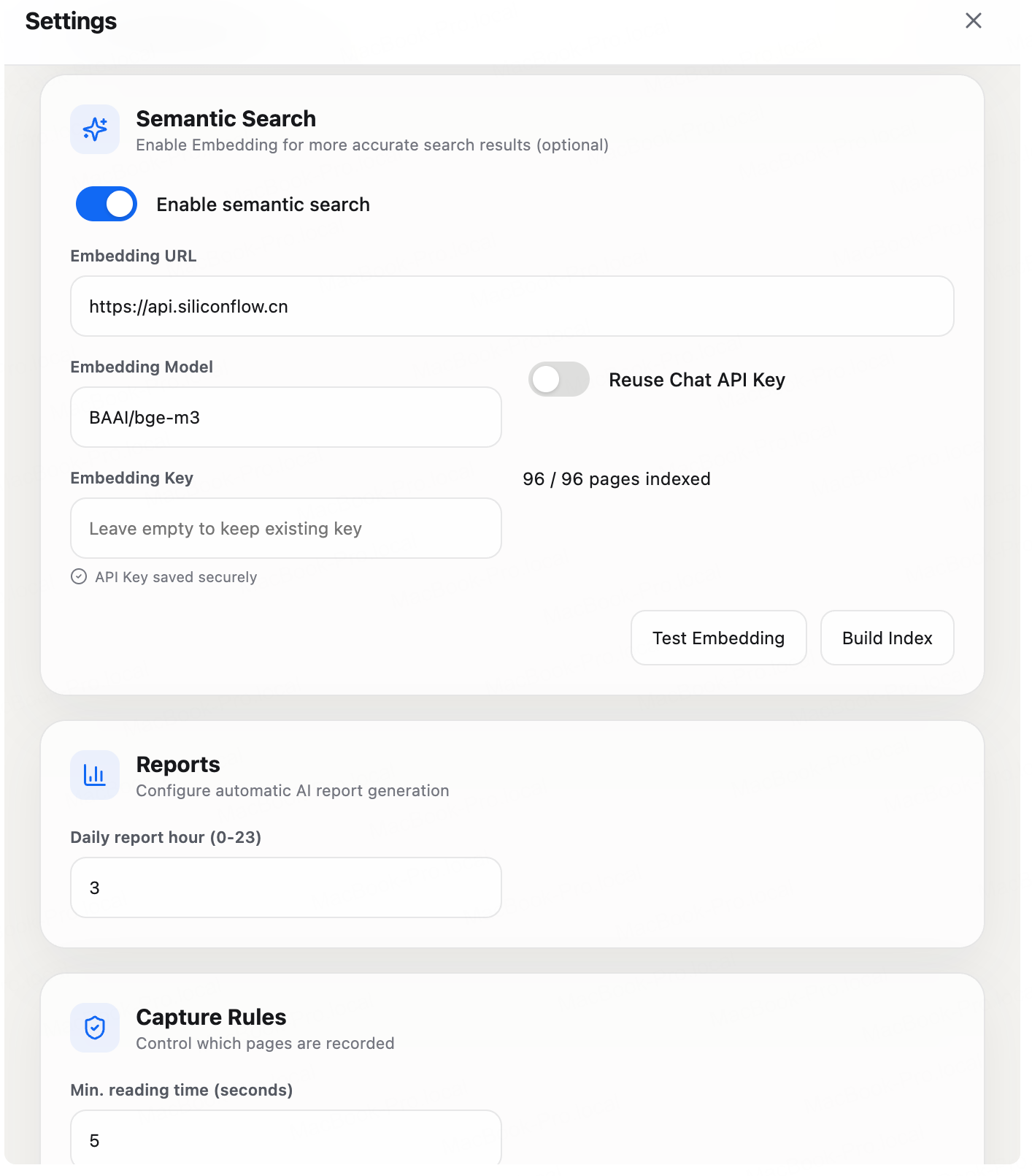BrowseMemory semantic search and report settings